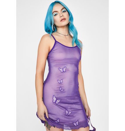 Horoscopez Aquarius Purple Mesh Slip Dress Embroidered Butterflies | Dolls Kill