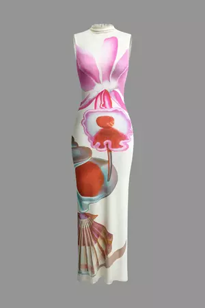 Floral Print Mock Neck Slit Sleeveless Maxi Dress – Micas