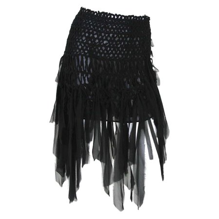 Tom Ford for Yves Saint Laurent S/S 2002 Mini Black Silk Woven Fringe Skirt S M For Sale at 1stDibs