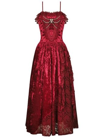 Dark in Love Red Gothic Blood Rose Lace Gorgeous Spaghetti Strap Velvet Maxi Party Dress - DarkinCloset.com