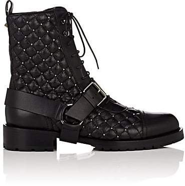 Women's Rockstud Spike Leather Combat Boots - Black