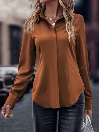 SHEIN LUNE Solid Color Long Sleeve Shirt | SHEIN