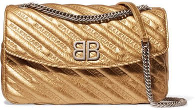 Bb Round Embroidered Quilted Metallic Textured-leather Shoulder Bag - Gold