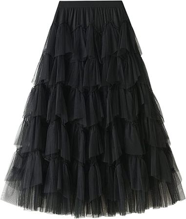 Dirholl Women's A-Line Fairy Elastic Waist Tulle Midi Skirt Tutu Black B at Amazon Women’s Clothing store