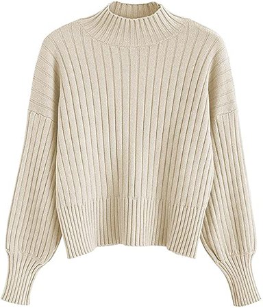 ZAFUL Women's Mock Neck Long Sleeve Basic Sweater Ribbed Knitted Solid Pullover Jumper Tops Beige at Amazon Women’s Clothing store
