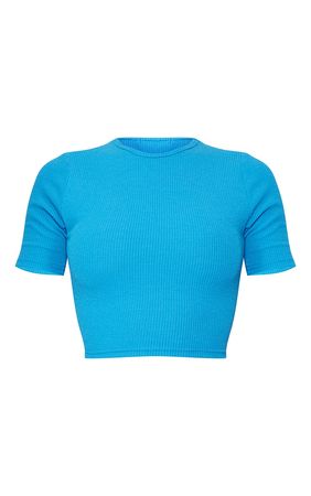 T-shirt court côtelé bleu vif à manches courtes | PrettyLittleThing FR