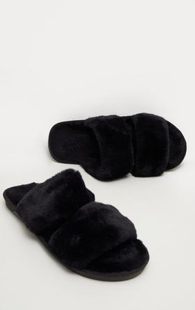 Black Fluffy Two Strap Slipper | PrettyLittleThing