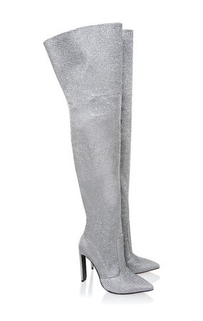 Shoes : 'Stardust' Silver Sparkle Thigh High Leather Boots