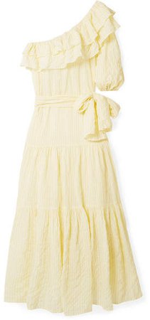 Arden Ruffled One-shoulder Striped Voile Maxi Dress - Pastel yellow
