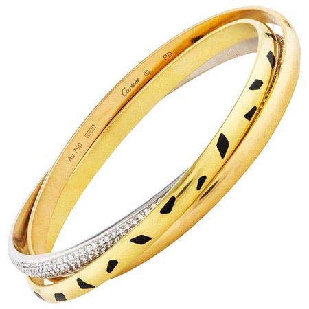 Cartier Trinity Panthere 18 Karat Yellow Gold Diamond Slip on Bangle