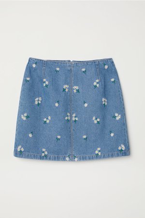 Denim Skirt with Embroidery - Denim blue/floral - Ladies | H&M US