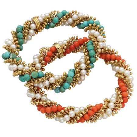 Van Cleef & Arpels, Pair of Cultured Pearl, Coral, Turquoise Twist Bracelets