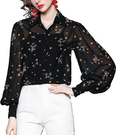 Women's Retro Pattern Floral Blouse Button Down Shirt Chiffon Top at Amazon Women’s Clothing store