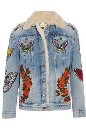Gucci | Shearling-trimmed appliquéd denim jacket | NET-A-PORTER.COM