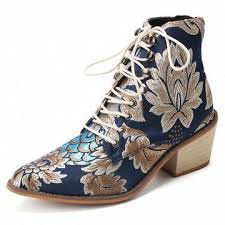 LOSTISY Large Size Women Summer Boots Pointed Toe Embroidered Lace Up Block Heel Short Boots - Google Search
