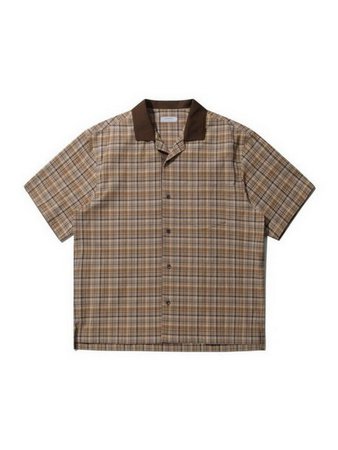 Ribbed Collar Checked Short-Sleeve Shirt Beige | W Concept