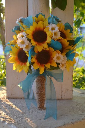 Rustic Sunflower Bouquet Country Southern Bride Bouquet Rose Feathers Burlap Daisy Turquoise Blue Teal White Yellow Boutonniere #2138878 - Weddbook