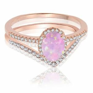 18k Rose Gold Oval Pink Fire Opal Engagement Wedding Sterling Silver Ring Set | eBay