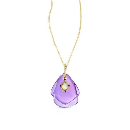 Mediterranean Amethyst Necklace with Ethiopian Opal and Blue Sapphire motif, Diamonds, 18" Chain, 14k Gold - Loriann Jewelry