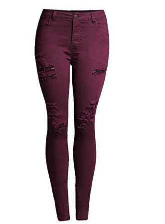 Lyamazing Women's Ripped Skinny Jeans Burgundy Mid High Waisted Stretch Plus Size Pants at Amazon Women's Jeans store