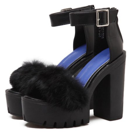 shoes, girly, heels, heel, black, chunky heels, platform sandals, fur - Wheretoget