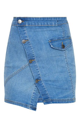 Mid Wash Pocket Button Asymmetric Denim Skirt | PrettyLittleThing