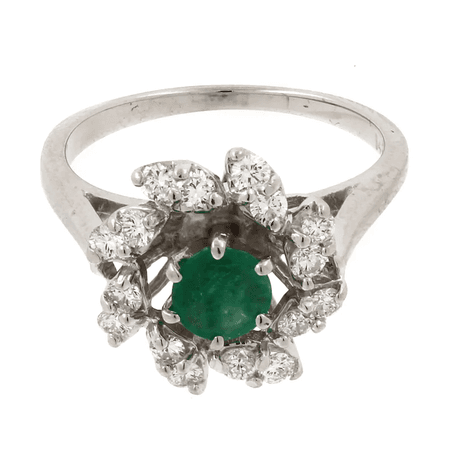 Vintage Emerald Diamond Floral Cocktail Ring 14K White Gold 0.95 CTW Rou SZ 6.25