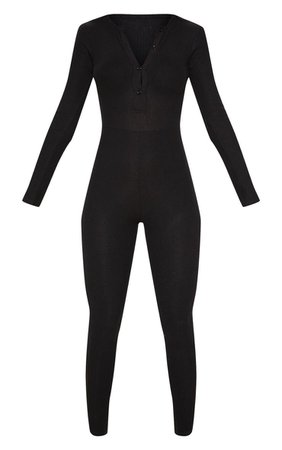 BLACK SOFT RIB BUTTON FRONT LONG SLEEVE JUMPSUIT