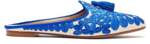 Fez Floral Embroidered Twill Backless Loafers - Womens - Blue