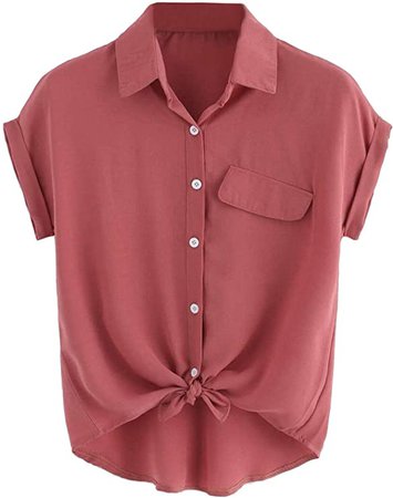 Milumia Women Casual V Neck Collar Knot Hem Button Down Rolled Cuff Short Sleeve Work Blouses Shirt Tops at Amazon Women’s Clothing store
