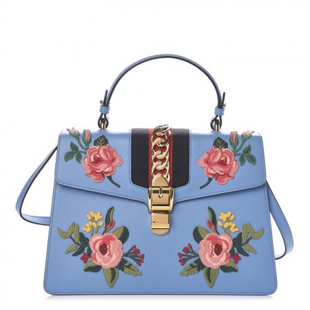 GUCCI Calfskin Embroidered Medium Sylvie Top Handle Bag Light Blue 486809