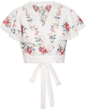 Laelia Cropped Embroidered Linen And Cotton-blend Wrap Top