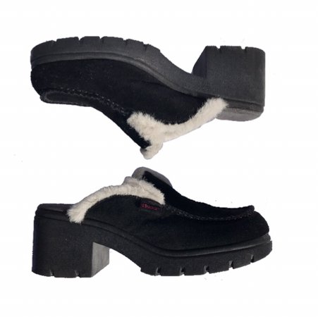 mudd chunky black platform suede leather faux fur trim clog slip on heels