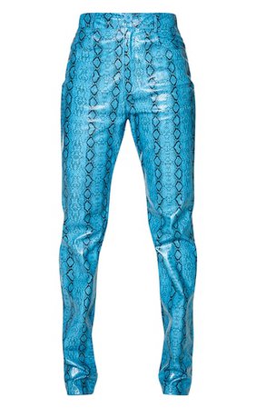 Light Blue Snake Print Faux Leather High Waisted Straight Leg Pants | PrettyLittleThing USA