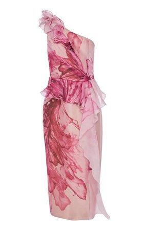 Floral-Print One-Shoulder Silk Peplum Dress By Marchesa | Moda Operandi