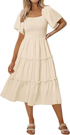 LILLUSORY Summer Dresses 2023 Women's Casual Trendy Flowy Short Flutter Sleeve Square Neck Smocked Tiered Midi Dress Beige Cream at Amazon Women’s Clothing store
