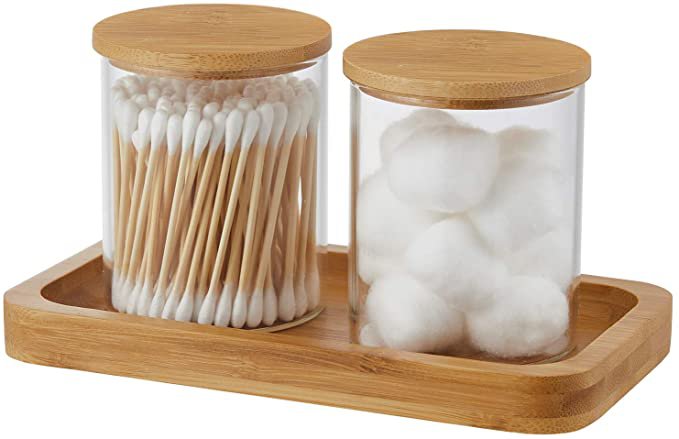 Amazon.com: YININE Glass Qtip Holder Bathroom Jars with Vanity Tray, Apothecary Jars Bathroom Canisters Containers Q Tip Jars for Cotton Ball Pad Round, Cotton Swabs, Hair Ties, Floss, Perfume and Small Things : Home & Kitchen