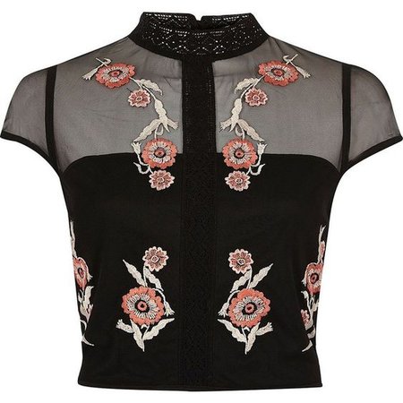 Black Floral Embroidered Sheer Cropped Blouse