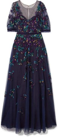 Bead-embellished Embroidered Tulle Gown - Navy