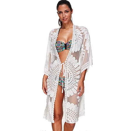 Swimsuit Coverups Ladies Sexy Bikini Cover up for Beach Bathing, See-Through White Floral Lace, Plus Size fit All at Amazon Women’s Clothing store