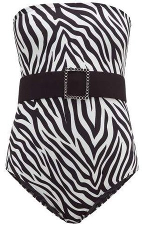 Leslie Amon Belted Zebra Print Bandeau Swimsuit - Womens - Black White