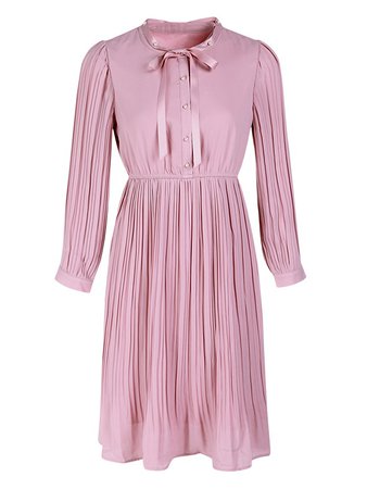 Pink Bowknot Chiffon Midi Dress With Pleated Skirt | Metisu
