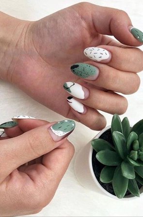 Green and White Nails with Black Accents