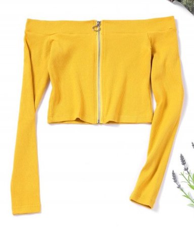 blouse, girly, yellow, crop tops, crop, cropped, long sleeves, off the shoulder, off the shoulder top, zip - Wheretoget