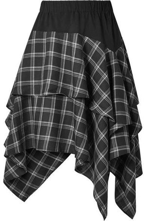 Ruffled Cotton-paneled Plaid Brushed-twill Skirt - Black