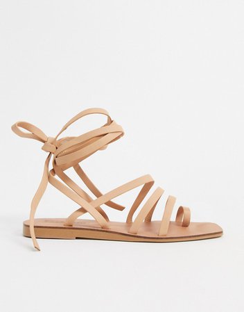 ASOS DESIGN Freda leather minimal flat sandals in beige | ASOS