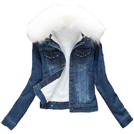 YOUMU Women White Faux Fur Fleece Denim Short Jacket Thicken Jean Sherpa Coat