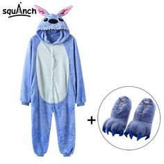 Stitch Onesies With Slippers Kigurumi Adult Women Men Blue Cute Animal Pajama Suit Jumpsuit Carnival Party Funny Anime Outfit (China)