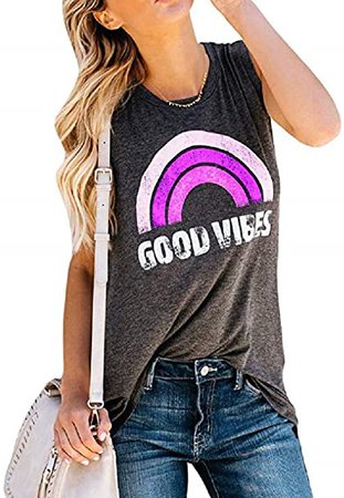 Vaise Womens Graphic Good Vibes Tank Tops Casual Long Sleeve Tops Tunics Rainbow Good Vibes Shirt at Amazon Women’s Clothing store