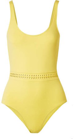 Close Up Blurry Braid-trimmed Swimsuit - Yellow